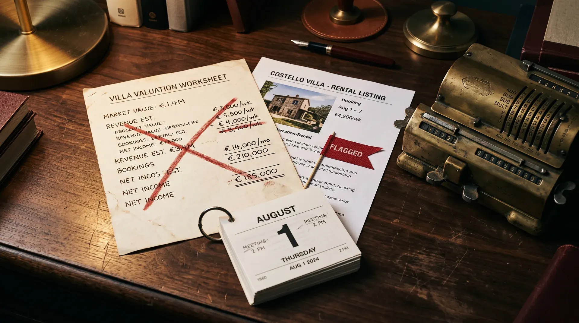 Editorial desk composition with a villa valuation worksheet, a red-flagged listing printout, brass calculator, and a calendar page showing August 1 under warm desk light