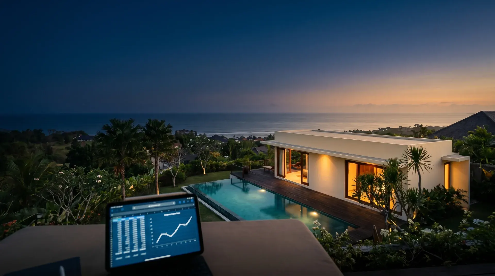 Redaktionelle Dämmerungsaufnahme einer Bali-Klippenvilla mit Tablet-Spreadsheet im Vordergrund – finanzielles Exit-Modelling über eine 5-Jahres-Haltedauer