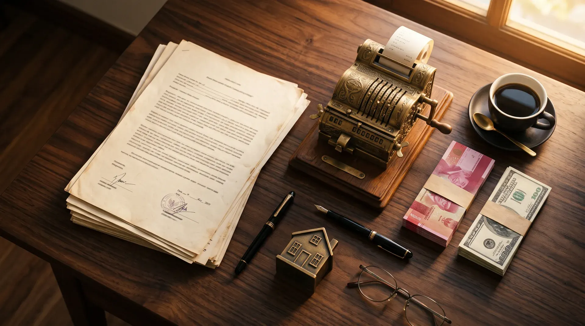 Editorial desk composition with a mortgage amortization table, brass calculator, Indonesian rupiah notes, and a fountain pen on a dark wooden desk in warm side light