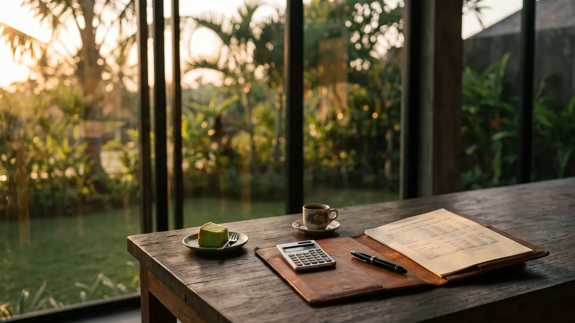 Photographie éditoriale d'un tableau de bord de gestion d'une villa à Bali avec compte de résultat mensuel, taux d'occupation et grille de notation de l'opérateur au premier plan – grille d'audit qualité de l'opérateur