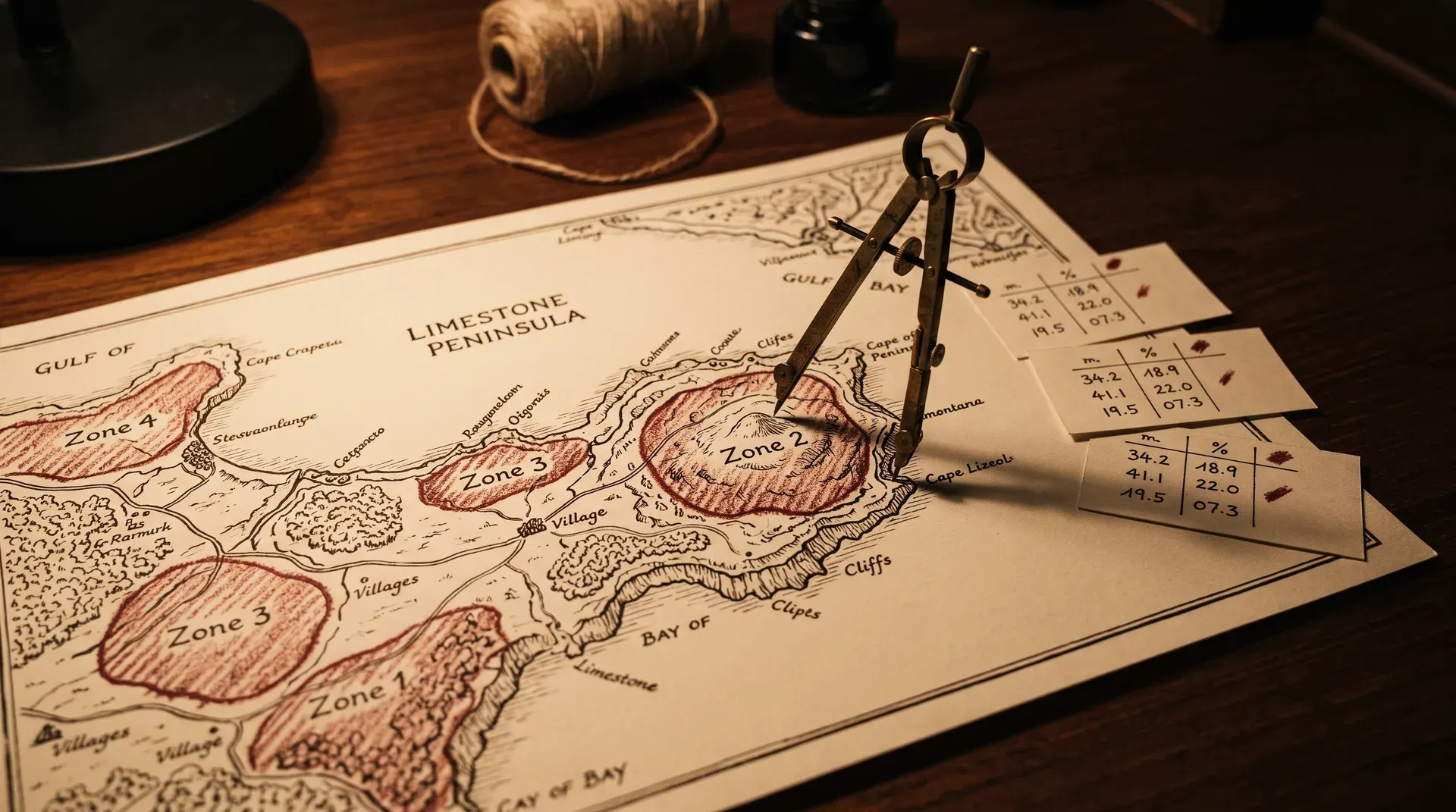 Composition éditoriale de bureau avec une carte dessinée à la main de la péninsule du Bukit, un compas en laiton, des fiches de données par corridor et un crayon gras rouge sous une lumière latérale chaude