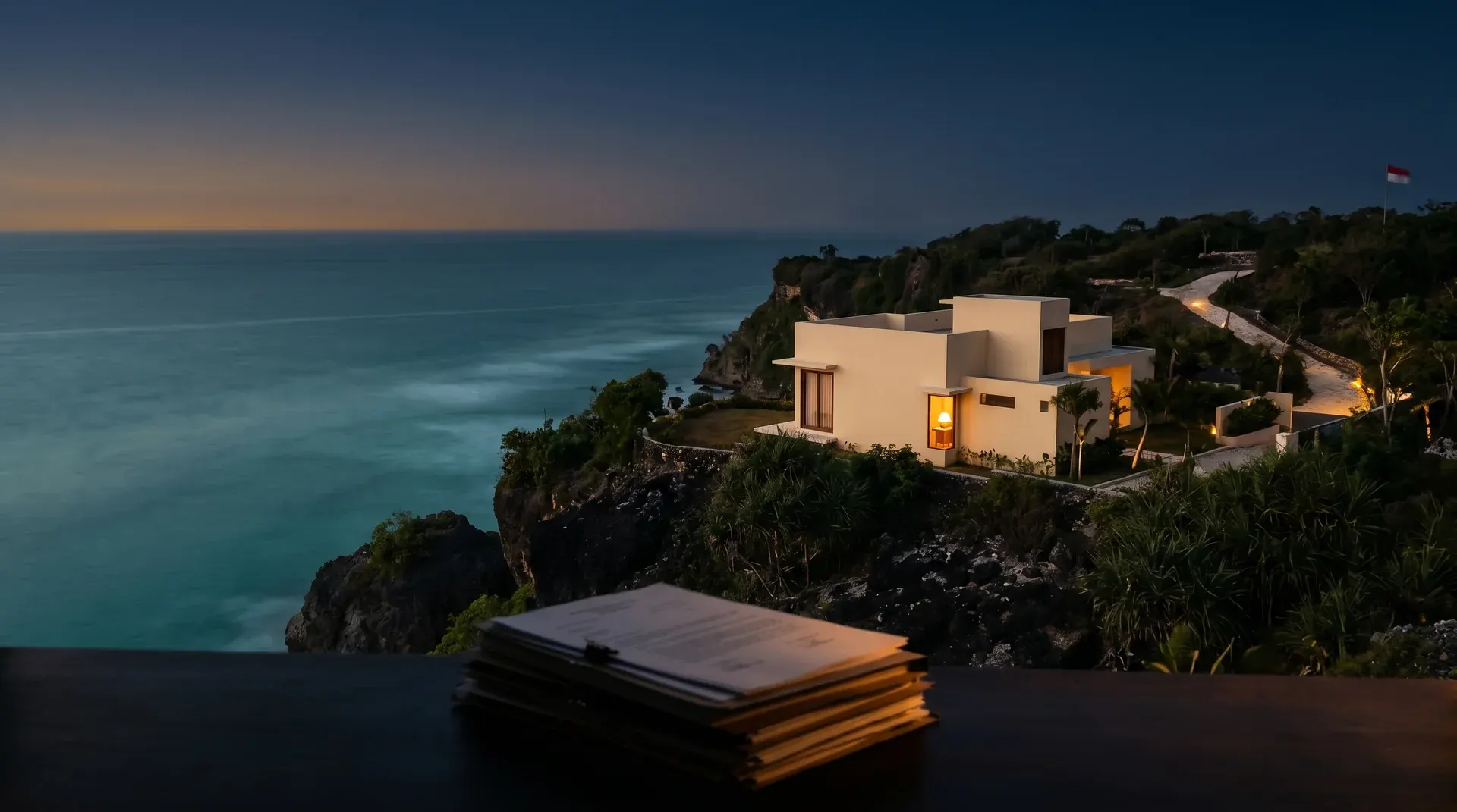 Editorial twilight aerial of a Bali clifftop villa with regulatory papers in foreground silhouette — Perda 4/2026 nominee restructuring landscape