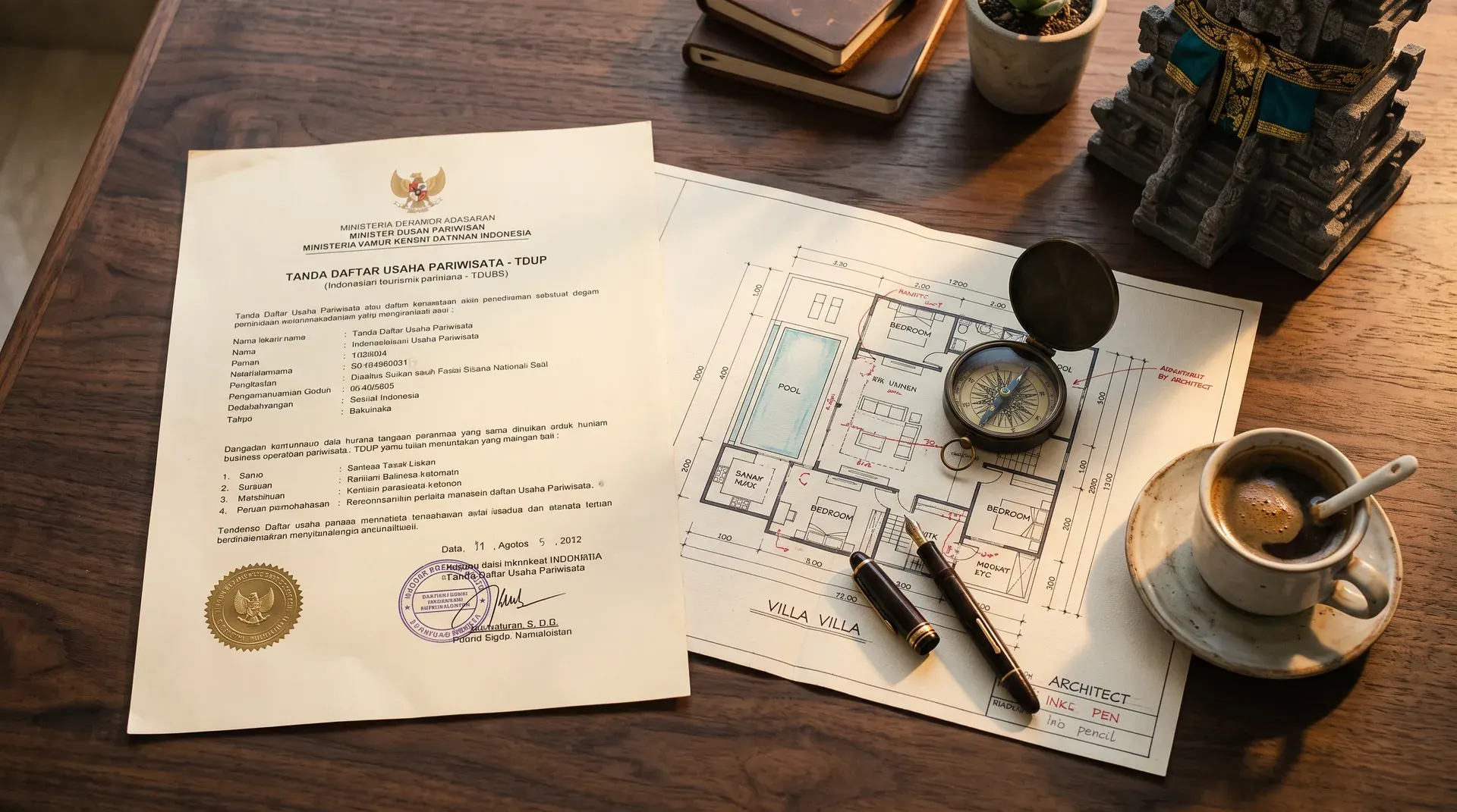 Editorial photograph of Indonesian tourism business licence (Pondok Wisata), brass seal, and Bali villa floor plan on a teak desk illustrating short-term rental licensing process for foreign-owned property