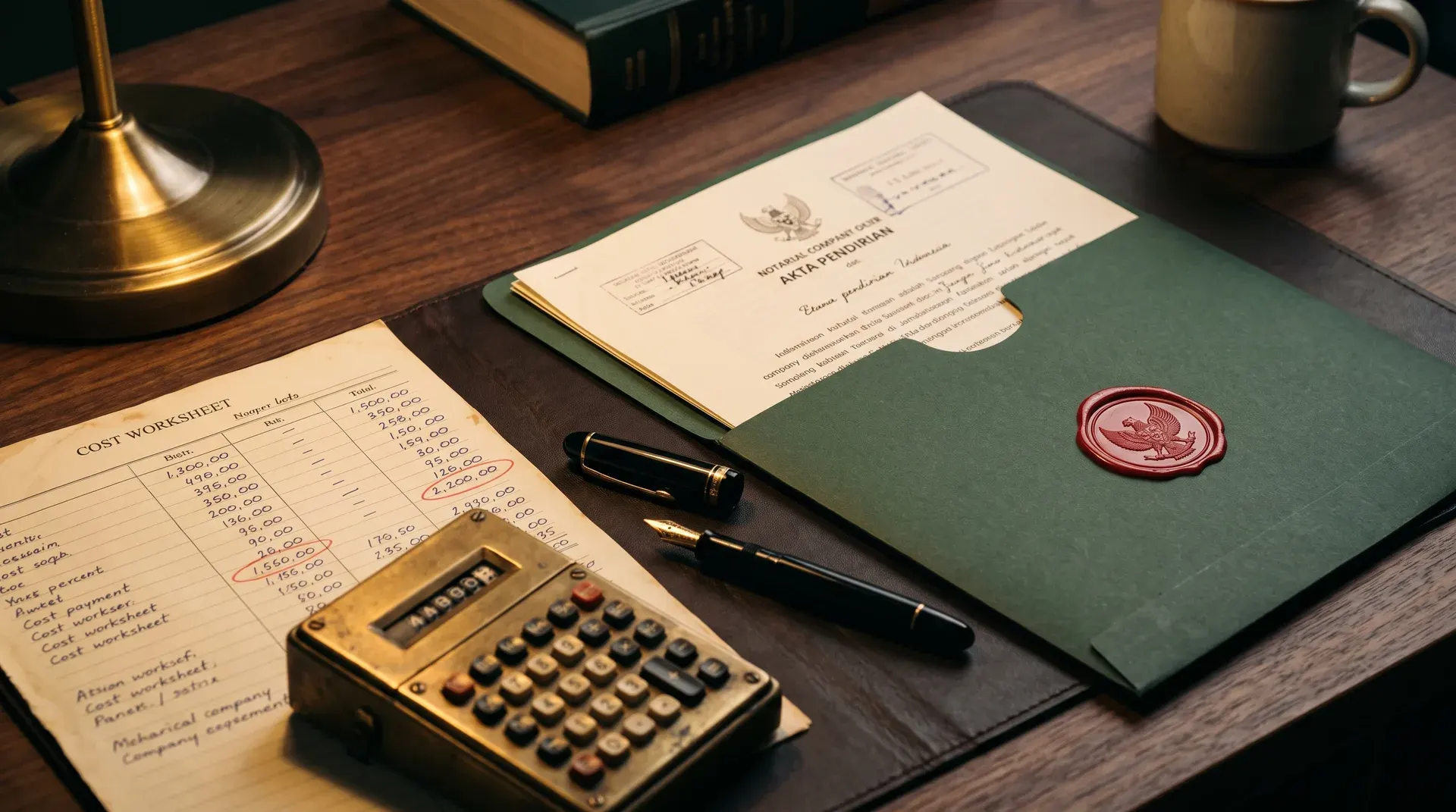 Editorial desk composition with an Indonesian company deed folder, a cost worksheet with two circled capital figures, brass calculator, and a fountain pen in warm side light