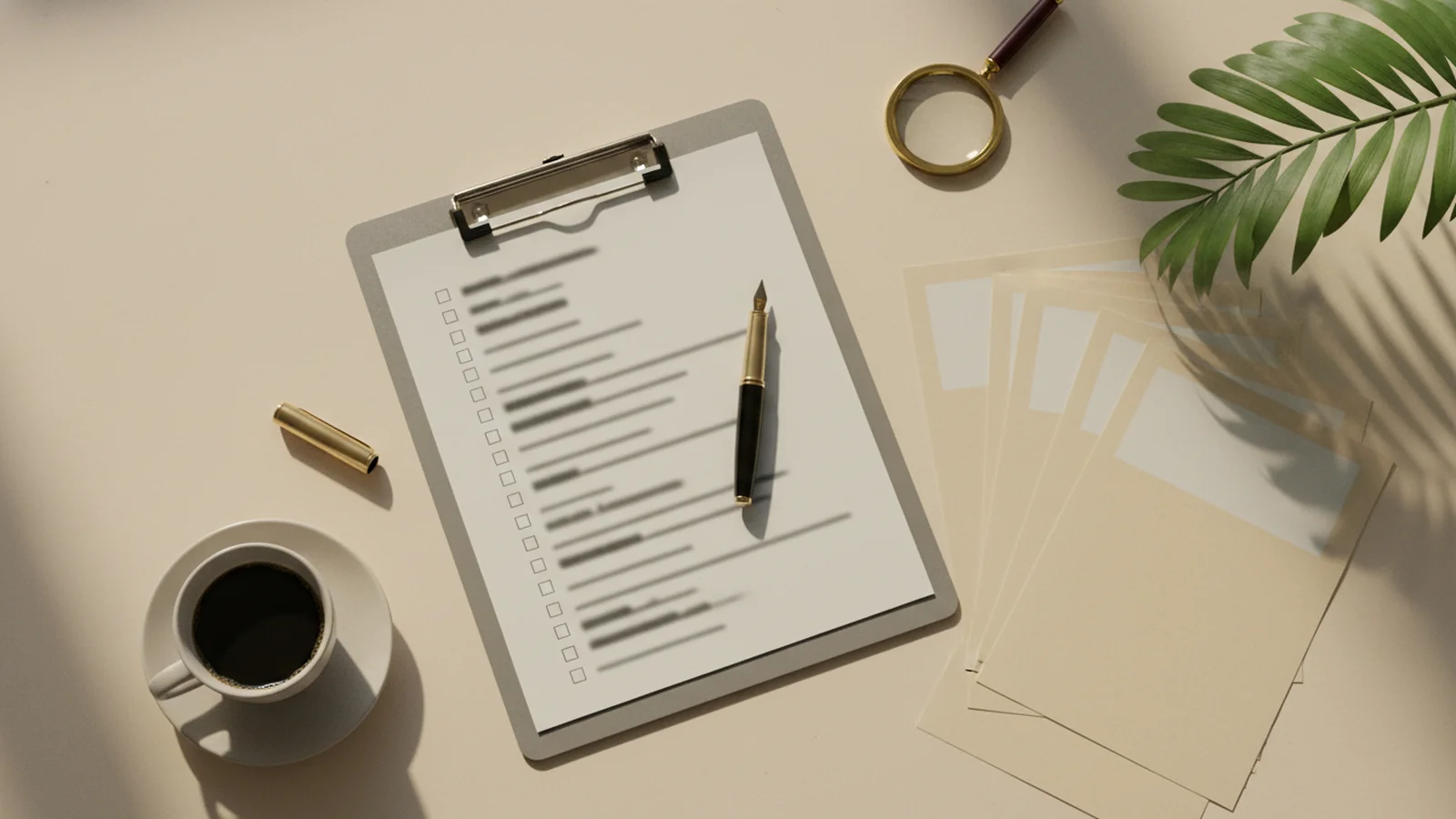 Editorial flat-lay of a Bali property due-diligence checklist on a brushed aluminium clipboard with fountain pen and document folders