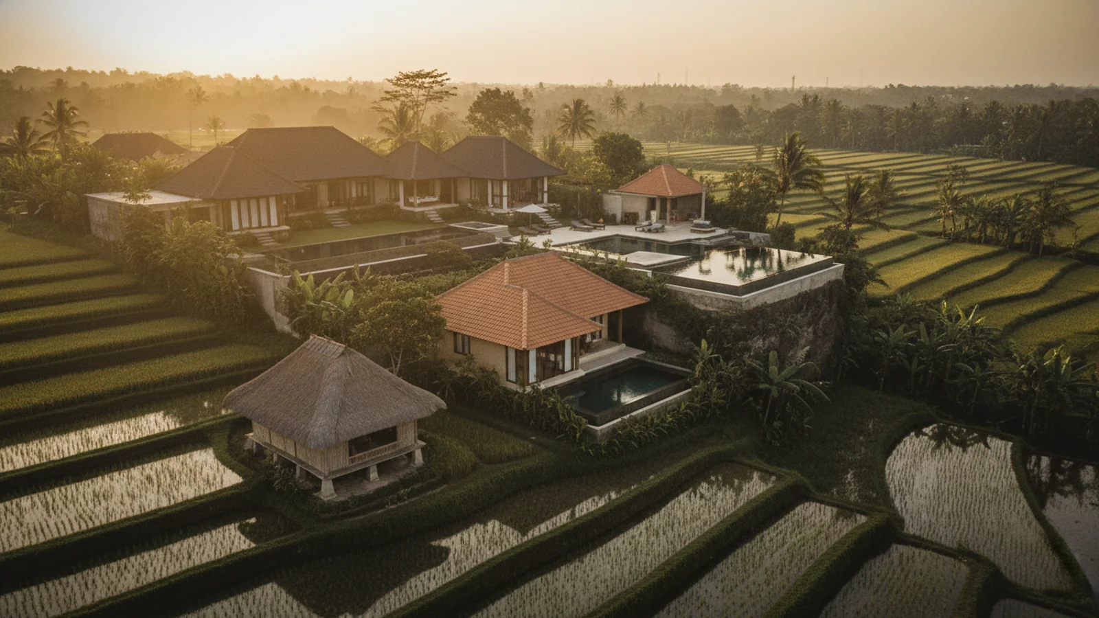 Aerial drone view of four progressively grander Bali villa rooftops illustrating budget tiers from entry-tier leasehold cottage to trophy estate