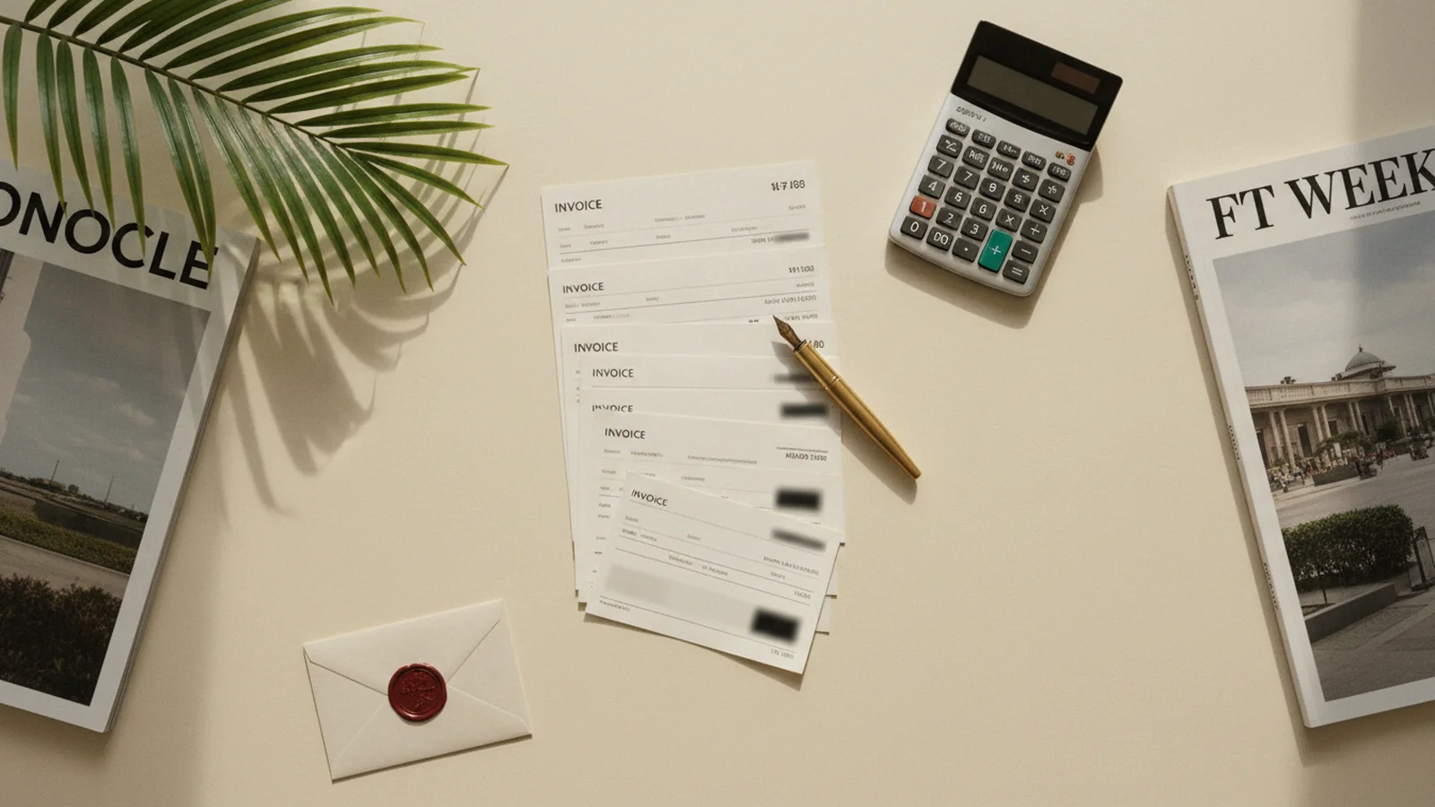 Editorial flat-lay of a stacked Bali notary fee invoices with calculator and wax-sealed envelope