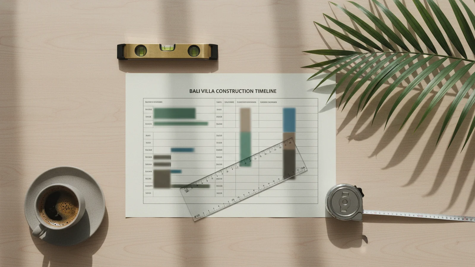 Editorial flat-lay of a Bali villa construction timeline schedule with measuring tools and progress markers