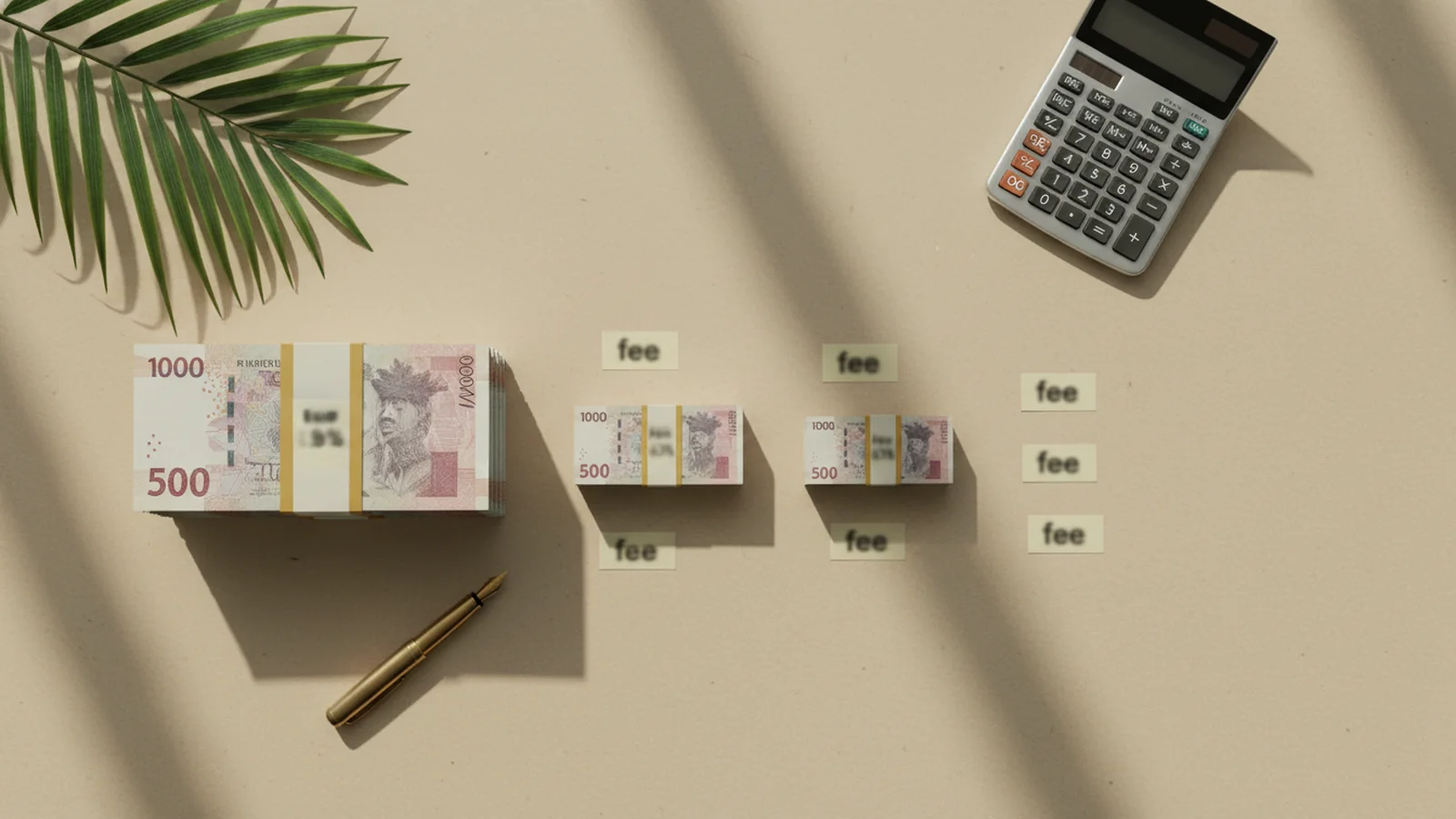 Editorial flat-lay illustrating a Bali villa Airbnb P&L with operator statement, tax notice and OTA payout receipts